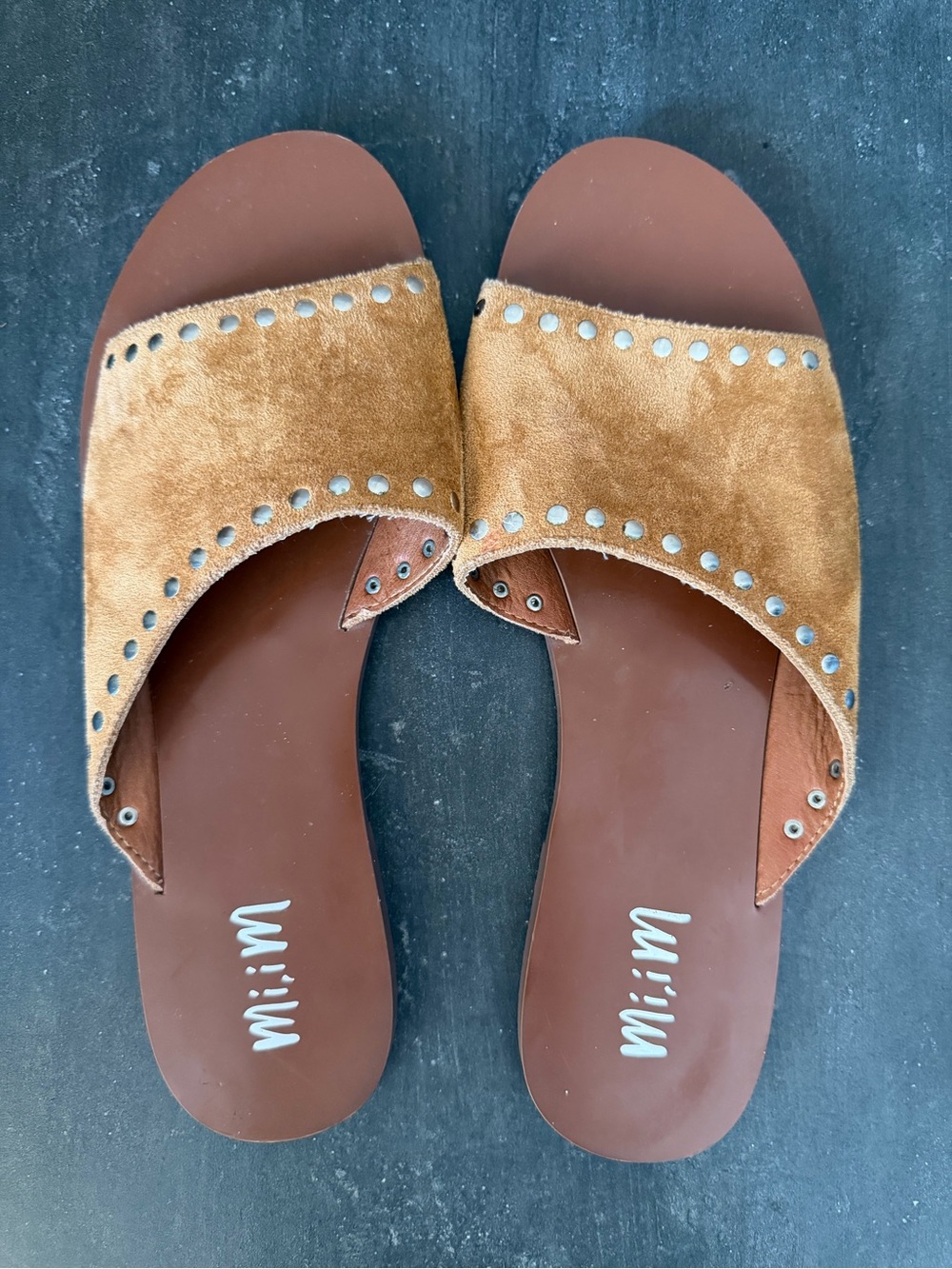 Mi.iM Tan Suede Studded Slide Mules
